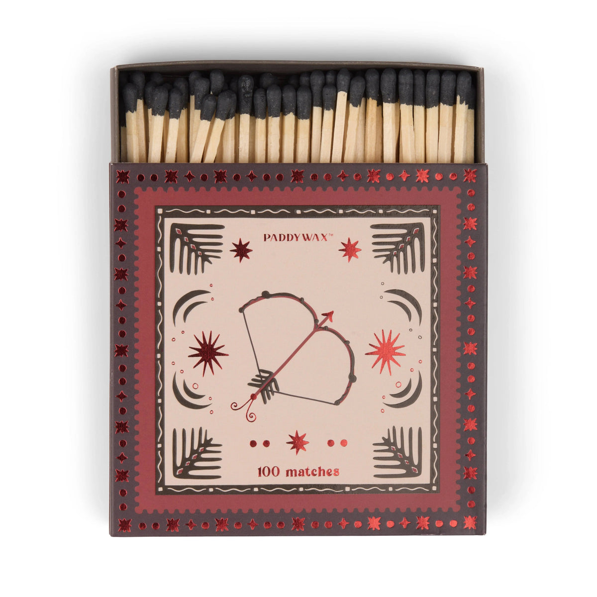Bow & Arrow - Black Matches: A decorative matchbox with 100 jumbo black-tipped matches, featuring a bow and arrow design with red stars—perfect as a stylish candle accessory for your home.