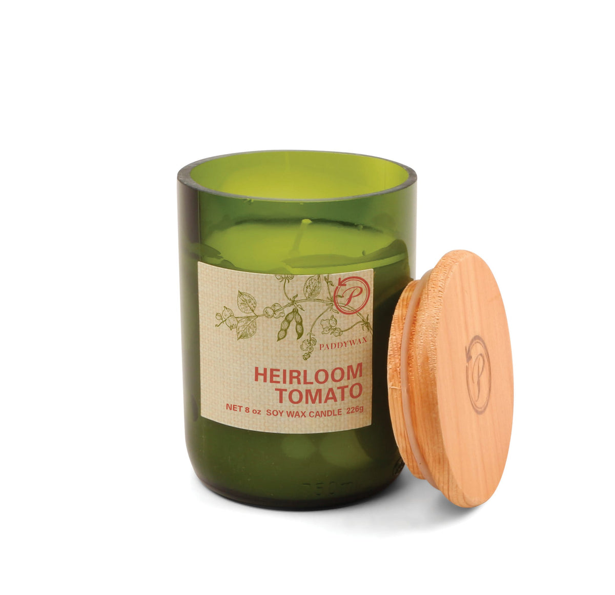 The Heirloom Tomato - Eco 8 oz Candle, made from soy wax in a recycled vessel with a botanical label, comes with a round wooden lid.