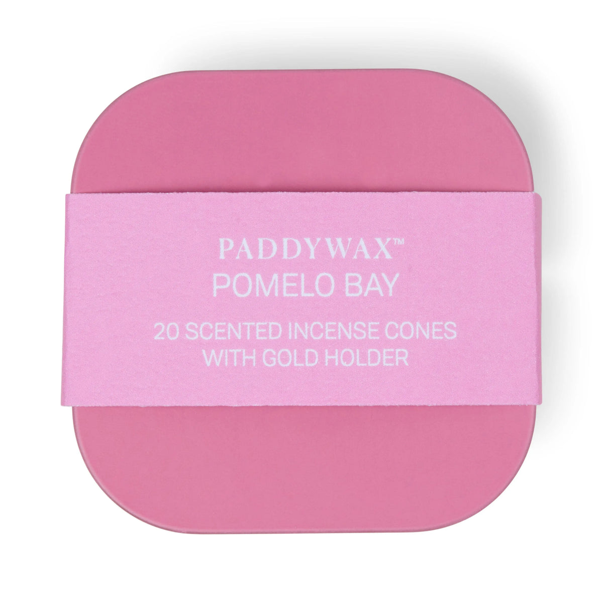 A pink Pomelo Bay - Metal Incense Tin containing 20 scented incense cones and a gold incense cone holder, viewed from above against a white background.