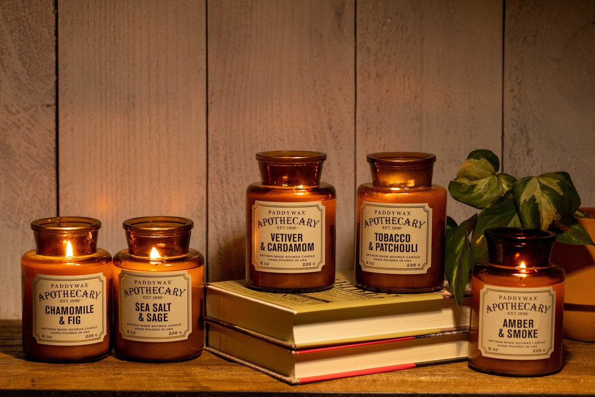 Five Amber + Smoke - Apothecary 8 oz Candles in brown glass jars are arranged on and beside two stacked books, with a small green plant in the background. Each candle features a luxury home fragrance label.