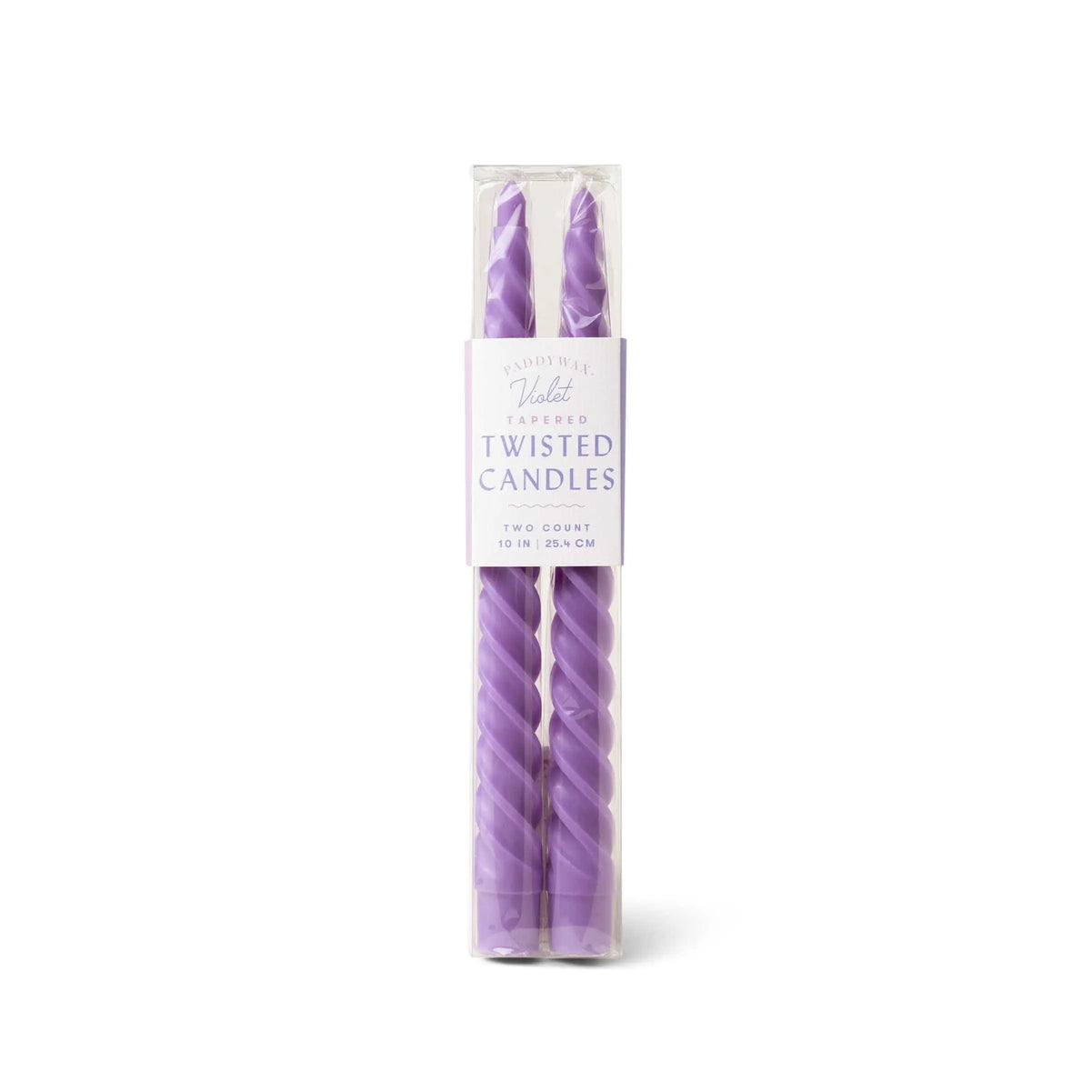 A clear box displays two Violet Twisted Taper Candles, each 10 in (25.4 cm), ideal for dining table or mantel decor.