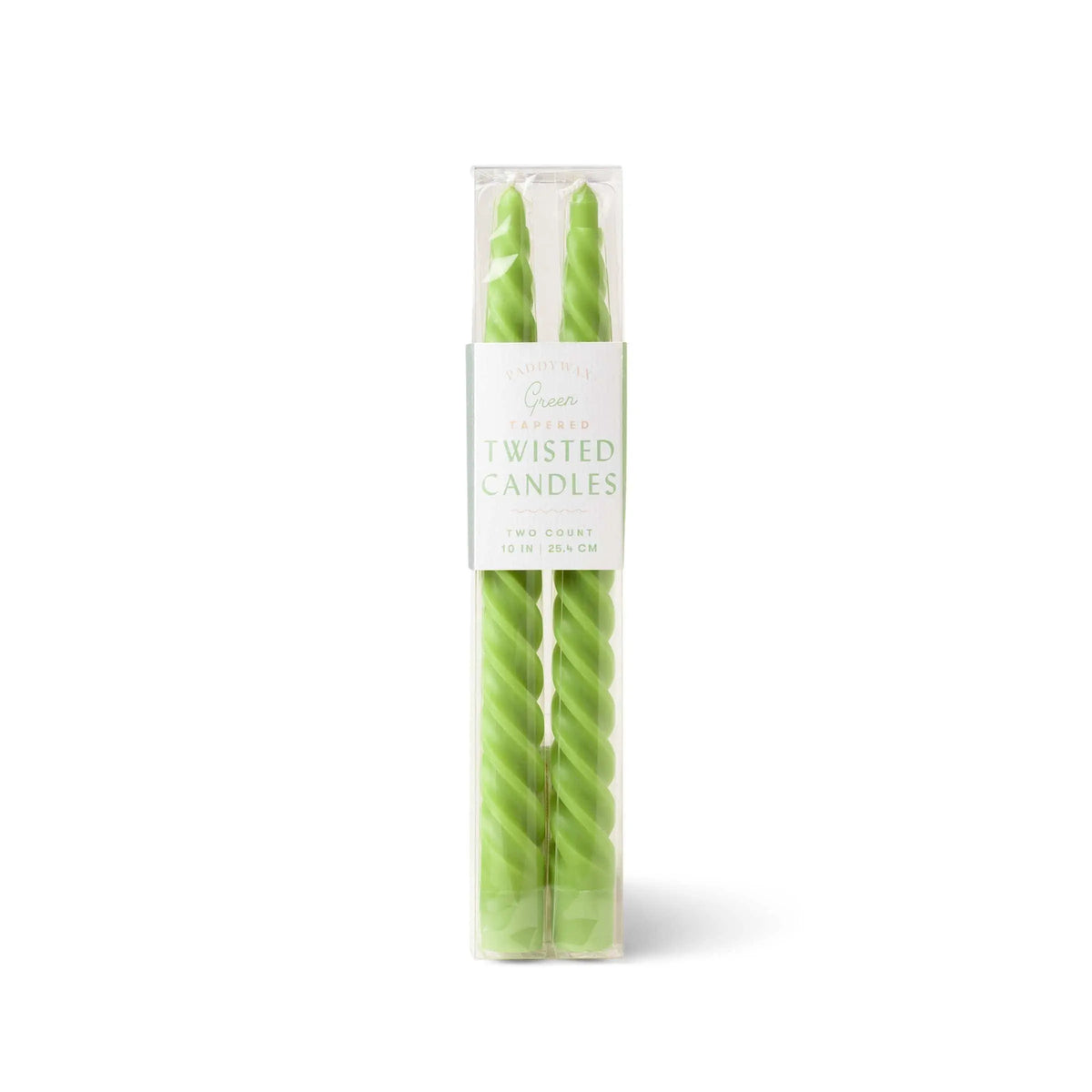 A clear box holds two tall, light green twisted taper candles with cotton wicks and a white label reading "Green Twisted Taper Candles, Two Count, 10 in | 25.4 cm.