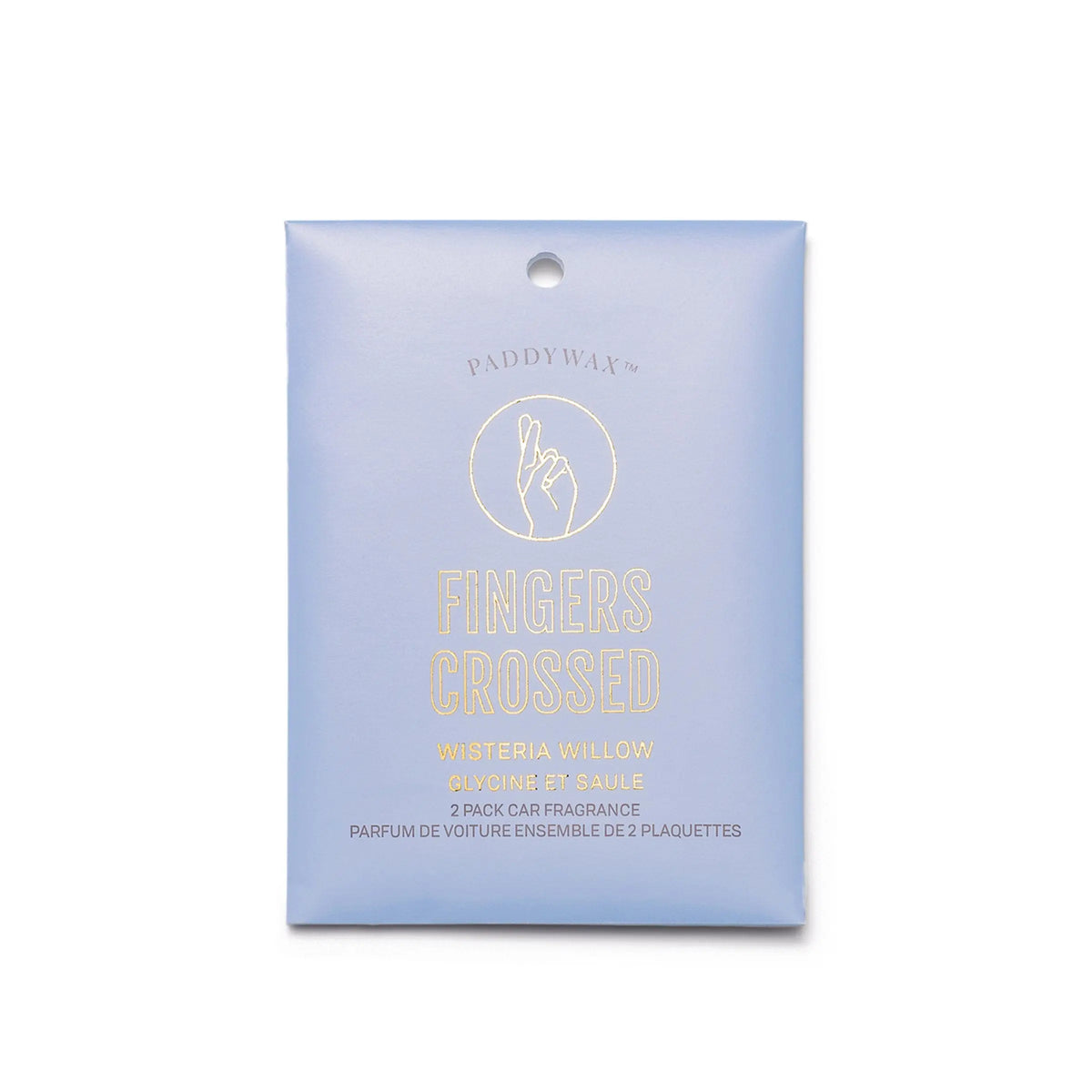 The Wisteria + Willow "Fingers Crossed" Impressions Car Fragrance features a light blue design with gold text and a minimalist hand illustration—perfect for adding fresh scent to your car.