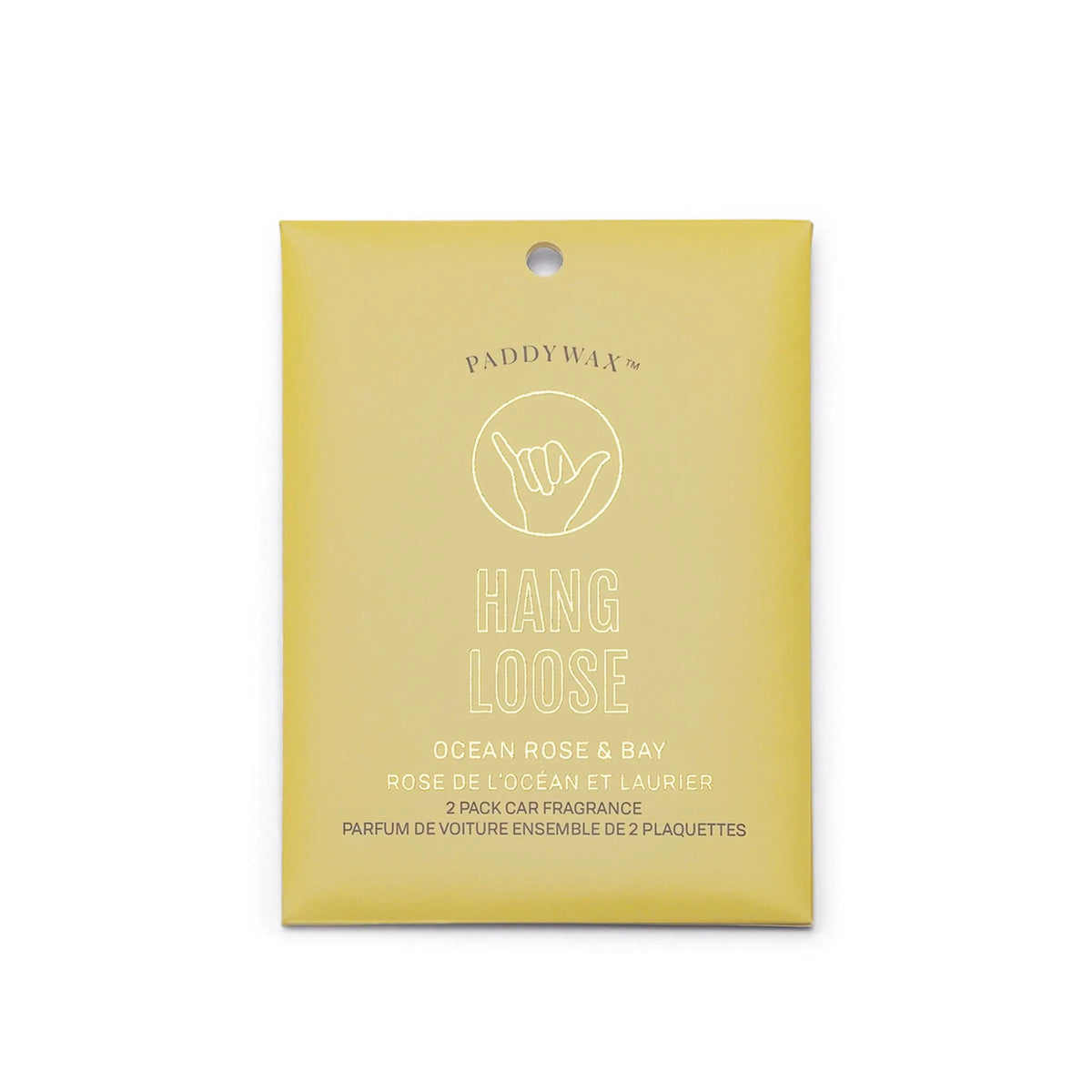 Yellow package of Ocean Rose + Bay "Hang Loose" - Impressions Car Fragrance, 2-pack, features hand sign art and bilingual details—a stylish air freshener for your car.