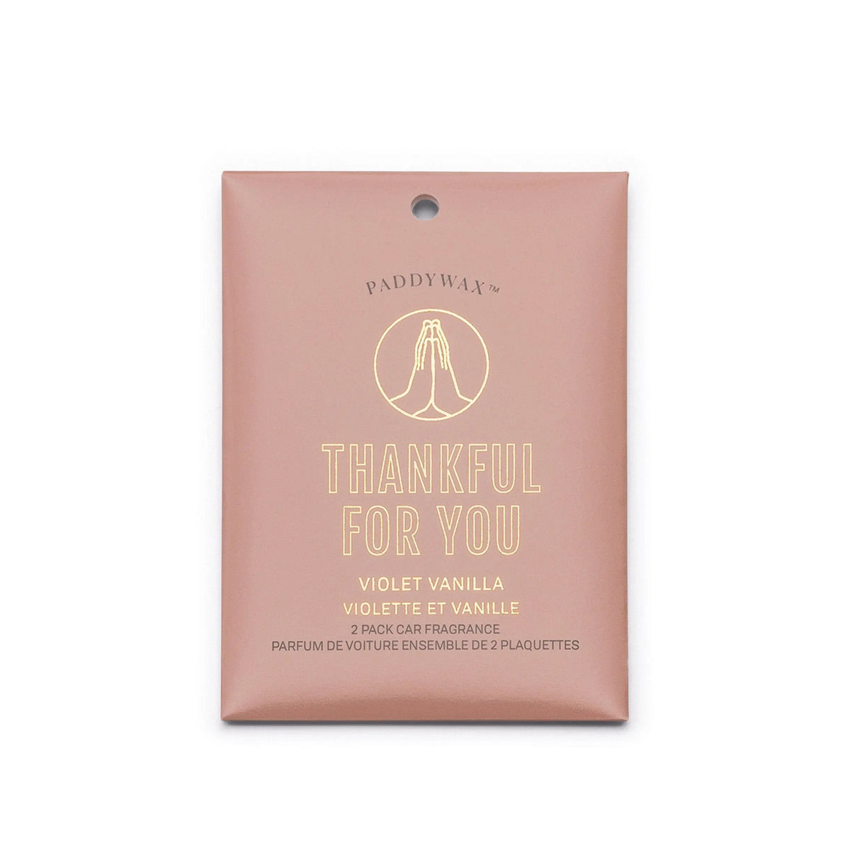 The Violet Vanilla "Thankful For You" Impressions Car Fragrance by Paddywax is a 2-pack, pink car air freshener that fills your ride with a delightful violet vanilla scent.