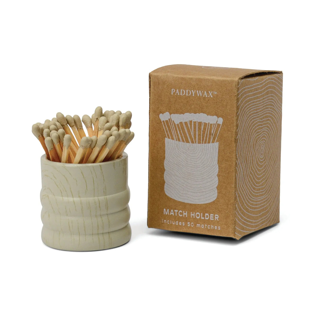 A White Washed Ceramic Wood Match Holder filled with 50 matches sits beside a brown Paddywax box labeled Match Holder, perfect for lighting your favorite woodgrain candles.