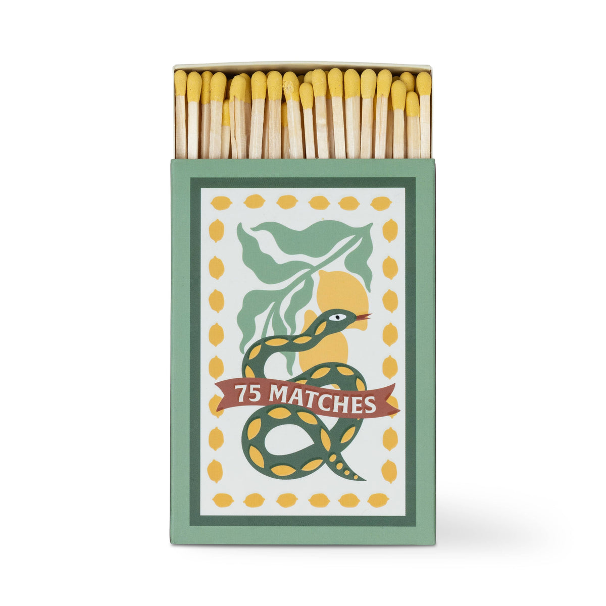 A Dopo "Snake" - 75ct Boxed Matches: Safety matches with yellow tips in a box featuring a green and yellow snake wrapped around a "75 MATCHES" banner, accented by green leaves and yellow dots. The perfect match for your A Dopo candle.