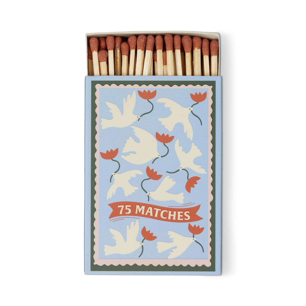 The A Dopo "Flower" - 75ct Boxed Matches features a decorative cover with white doves and red flowers on a blue background. The partially open box reveals matchsticks, and the label reads “75 MATCHES” in red on a ribbon.