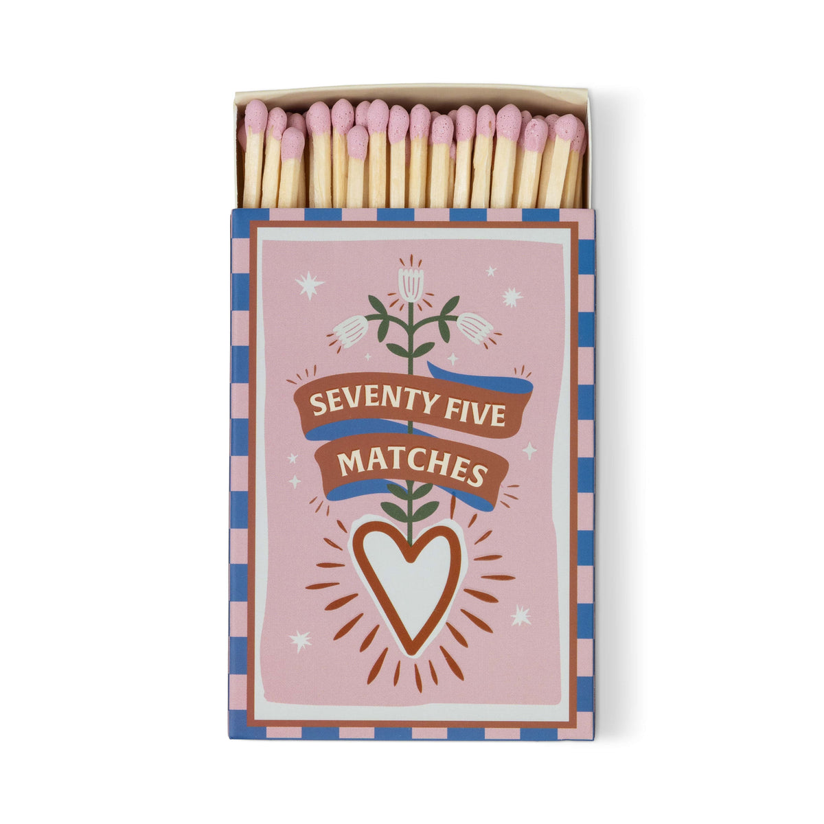The A Dopo "Hearts" 75ct Boxed Matches feature a pink, blue, and white box adorned with a heart, flowers, and ribbon. Pink-tipped safety matches add charm to your candle setup or as a Mediterranean-inspired keepsake.