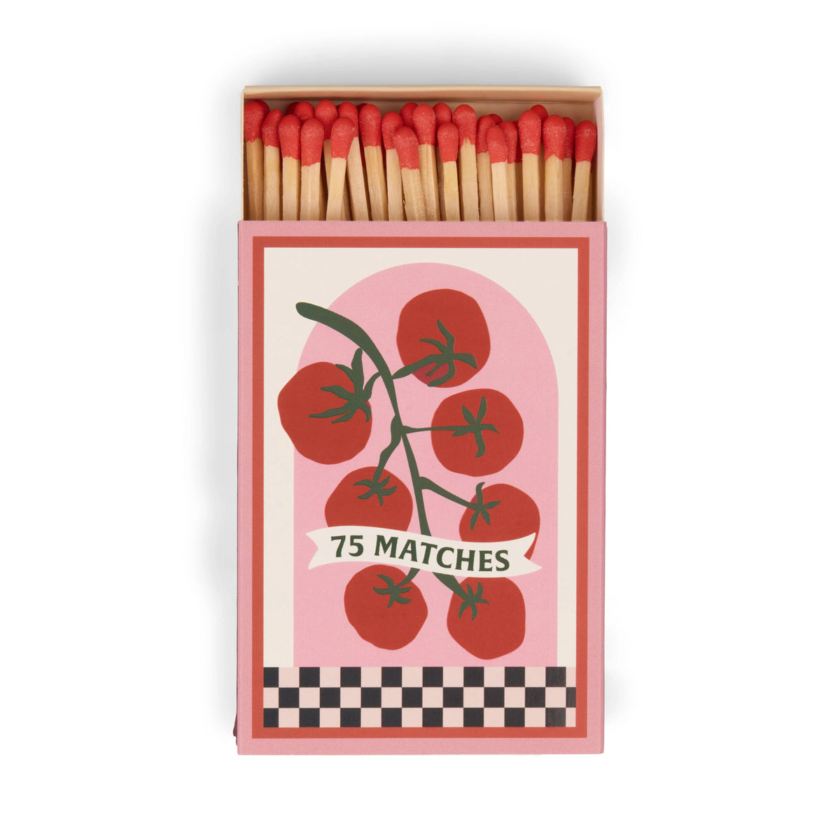 A Dopo "Tomato Vine" - 75ct Boxed Matches: 75 safety matches with red tips in a box featuring a tomato vine illustration on a pink background and checkerboard border, inspired by the charm of Mediterranean travel.