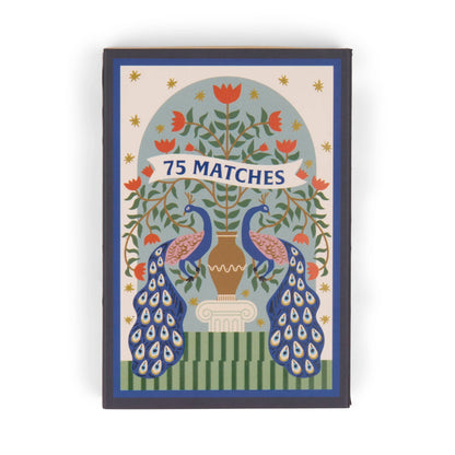 The A Dopo "Peacock" - 75ct Boxed Matches showcases two peacocks and a red-flowered tree on the box—ideal for lighting your A Dopo candle or enhancing your safety matchbox collection.