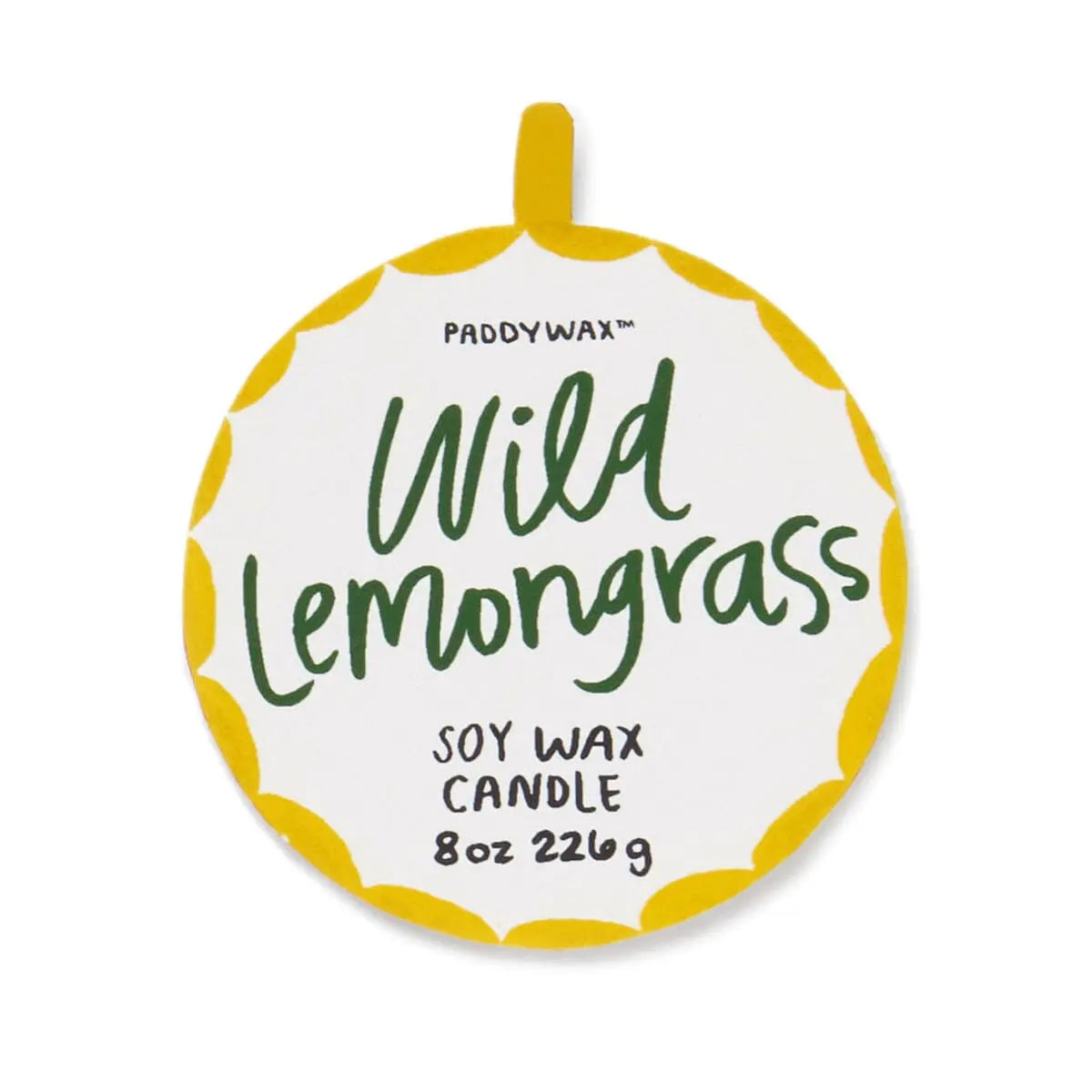 Round label with yellow border displays "Wild Lemongrass - A Dopo 8 oz Candle" in green and black text, capturing the essence of Mediterranean fragrances.
