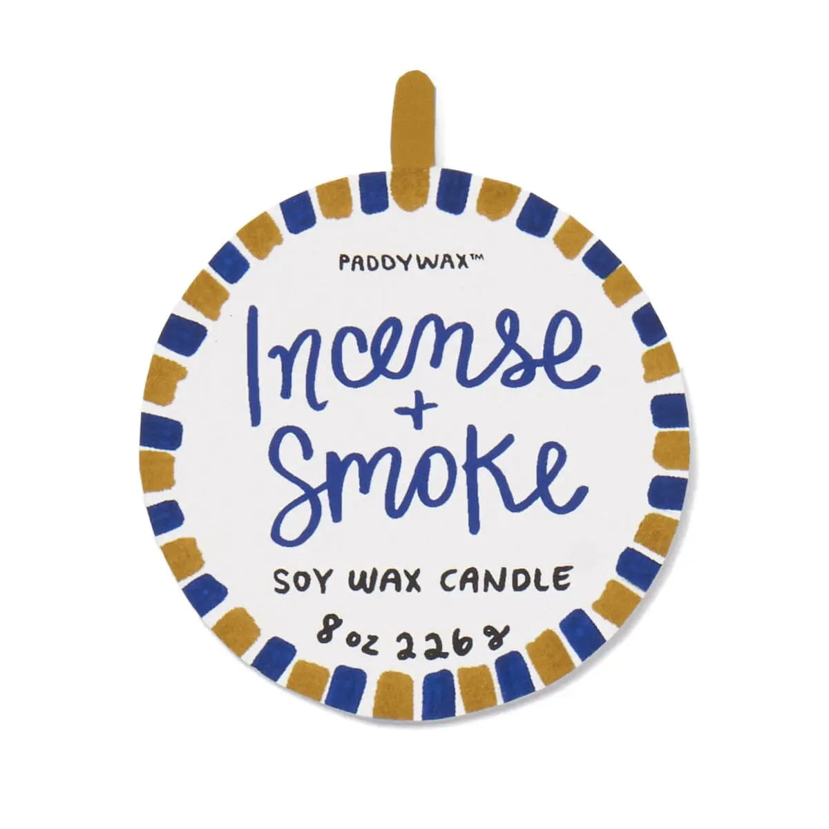 A round cardboard tag with blue "Incense & Smoke - A Dopo 8 oz Candle" lettering and blue/mustard yellow borders—ideal for Mediterranean-inspired, boldly scented candles.