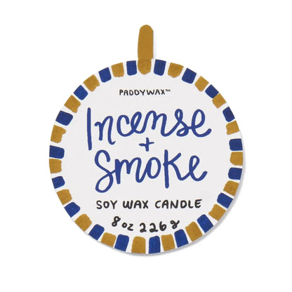 A round cardboard tag with blue "Incense & Smoke - A Dopo 8 oz Candle" lettering and blue/mustard yellow borders—ideal for Mediterranean-inspired, boldly scented candles.