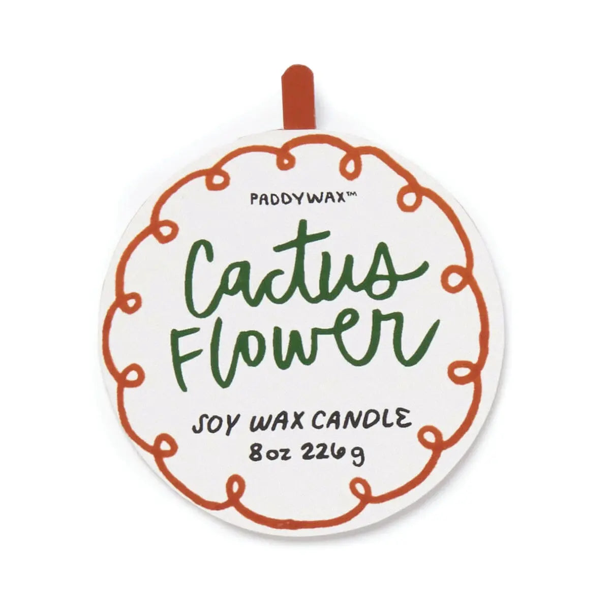 Round label for the Cactus Flower - A Dopo 8 oz (226 g) soy wax candle, with green and orange text, a decorative border, and inspired by Mediterranean fragrance.