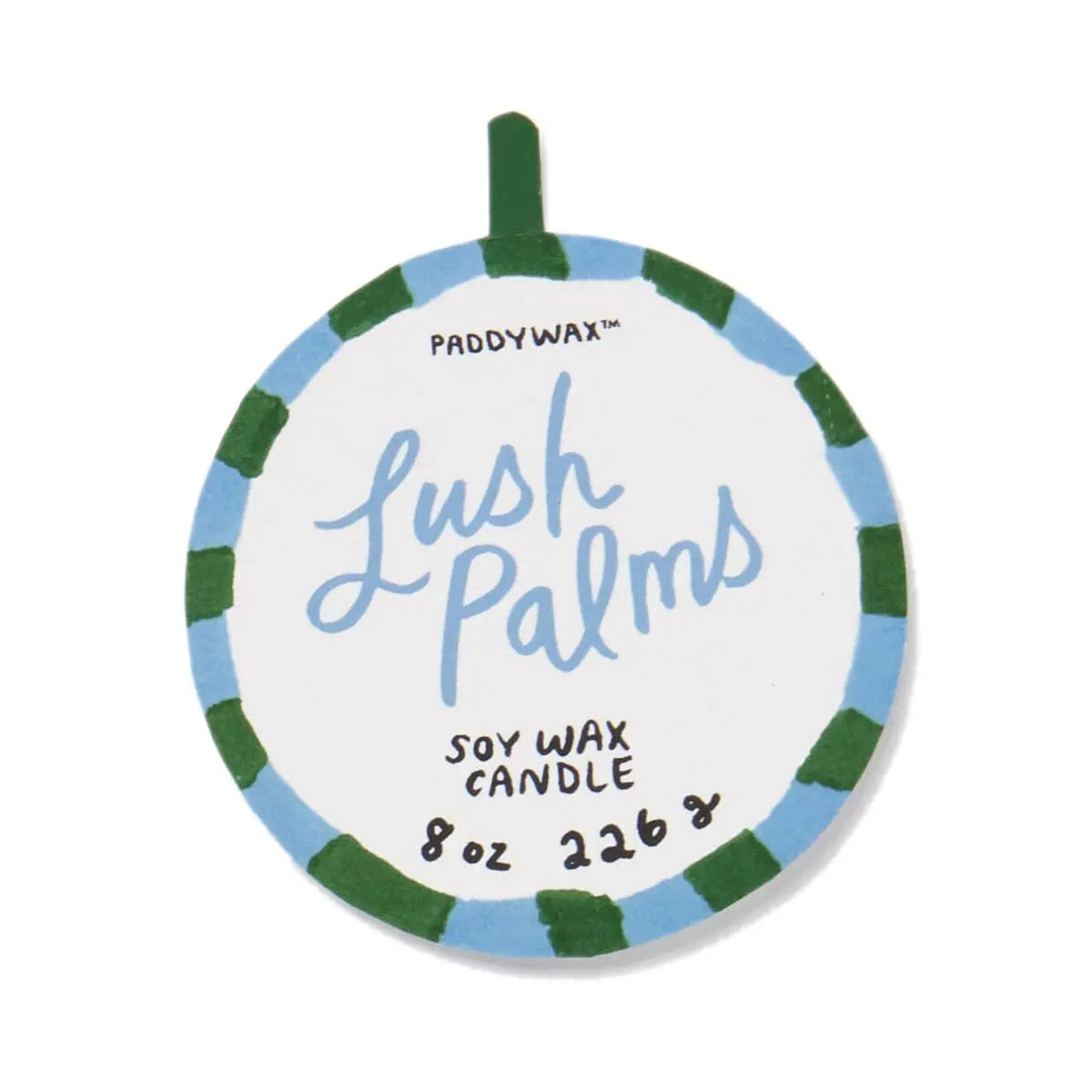 Round label for the Lush Palms - A Dopo 8 oz candle, featuring a blue and green border. Enjoy bold, Mediterranean-inspired scents in this vibrant soy wax candle (226 g) by Paddywax.