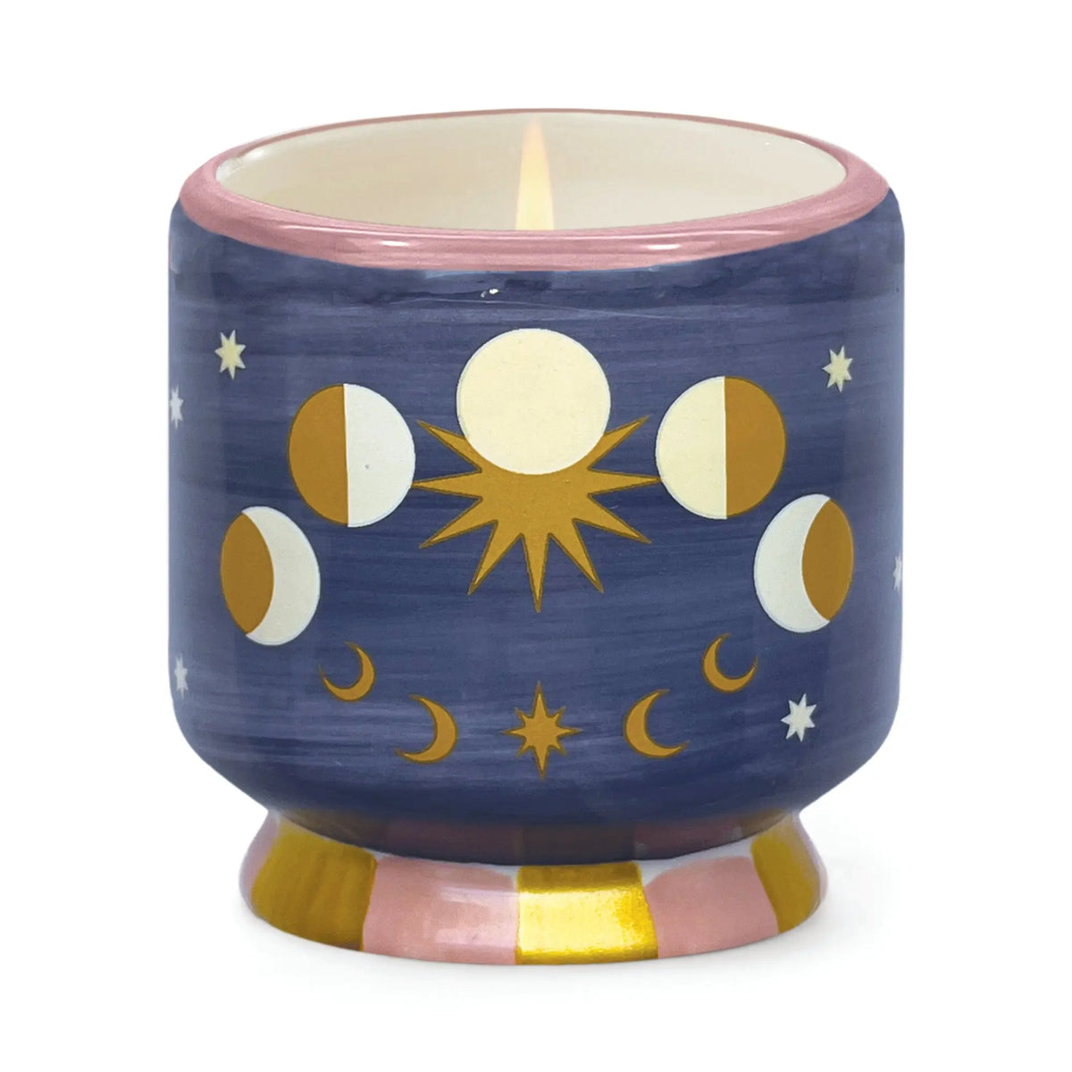 The Jasmine & Rose - A Dopo 8 oz Candle is a hand-painted ceramic candle holder featuring moon phases, stars, and a sun motif with blue, pink, and gold accents.