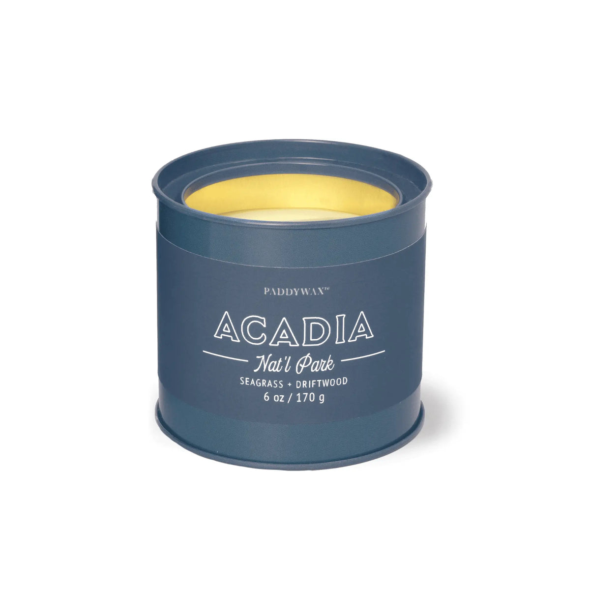 A Parks Collection Acadia - Parks 6 oz Tin Candle with blue tin, yellow wax, and Seagrass + Driftwood scent is shown against a white background.
