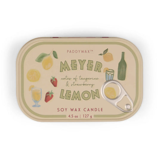The Meyer Lemon - Bistro 4.5 oz Tin Candle comes in a rectangular tin labeled with lemon, strawberry, and drink graphics. This soy wax candle features notes of tangerine and strawberry and includes a pull-tab. Weight: 4.5 oz (127 g).