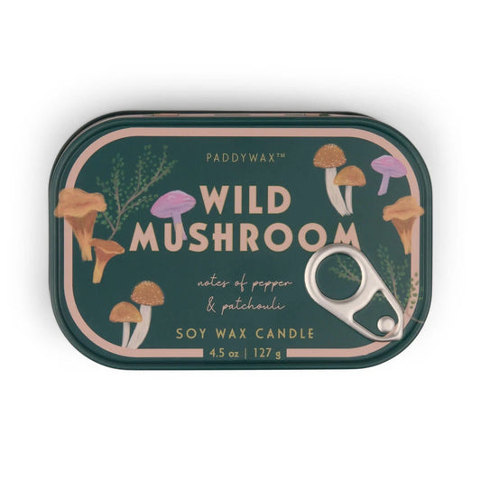 The Wild Mushroom - Bistro 4.5 oz Tin Candle features mushroom and greenery illustrations, pepper & patchouli scent notes, a convenient pull-tab lid, and makes a perfect cozy space accent.