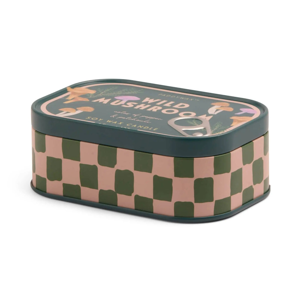 The Wild Mushroom - Bistro 4.5 oz Tin Candle features a soy wax scent in a rectangular tin with green and pink checkerboard sides and an illustrated lid with mushrooms, leaves, and the "Wild Mushroom" label.