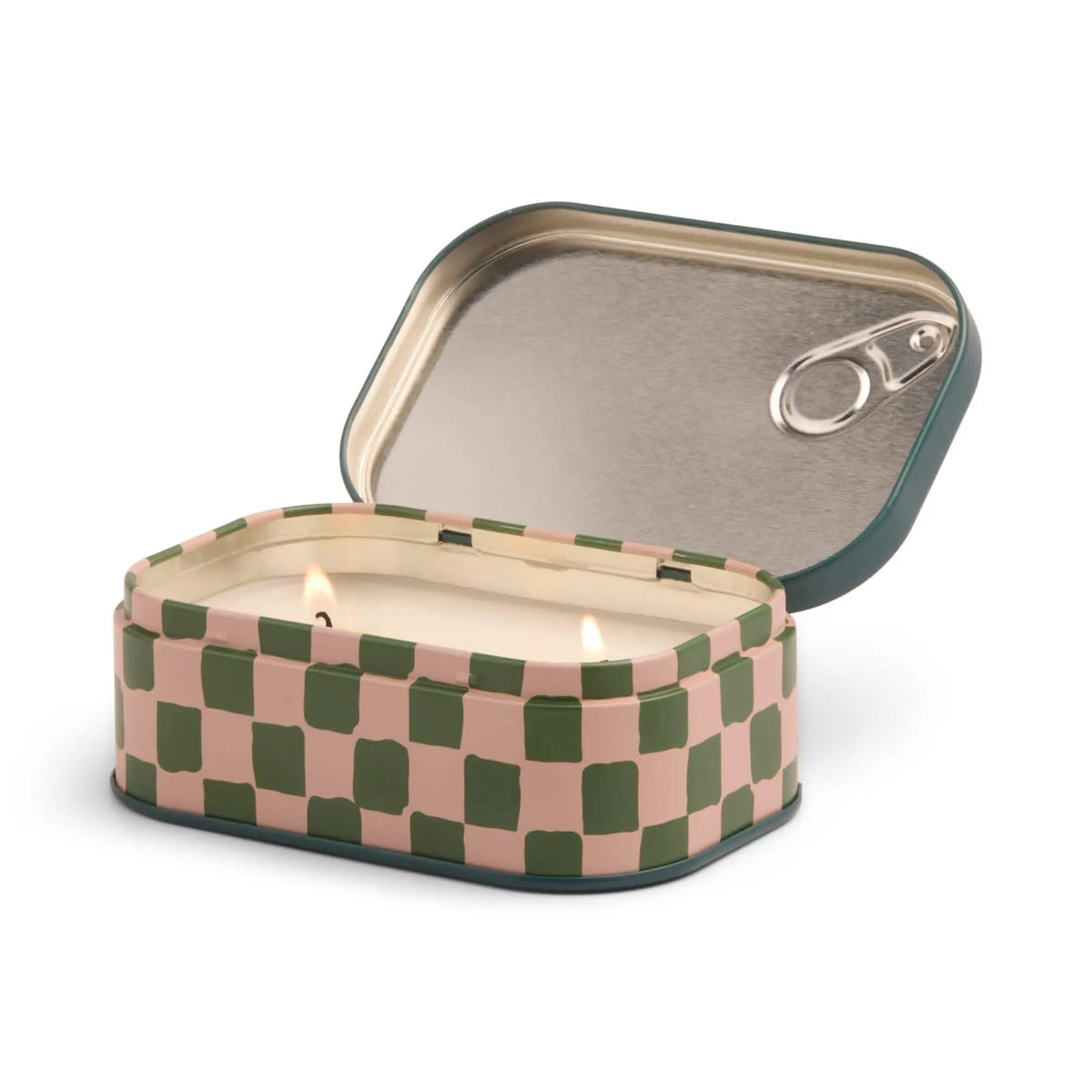 The Wild Mushroom - Bistro 4.5 oz Tin Candle features a green and pink checkerboard design, an open tin can shape, and two lit wicks.