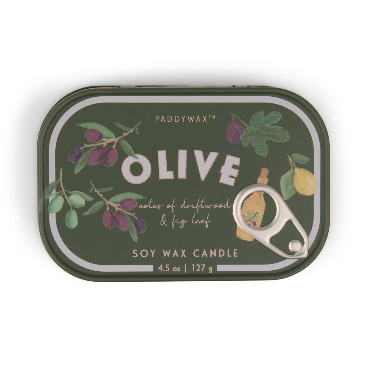 A green tin candle from the Bistro Collection, labeled "Fig & Olive - Bistro 4.5 oz Tin Candle," features illustrations of olives, fig leaves, a lemon, and a bottle on its pull-tab lid. This scented soy wax candle offers notes of driftwood and fig leaf.