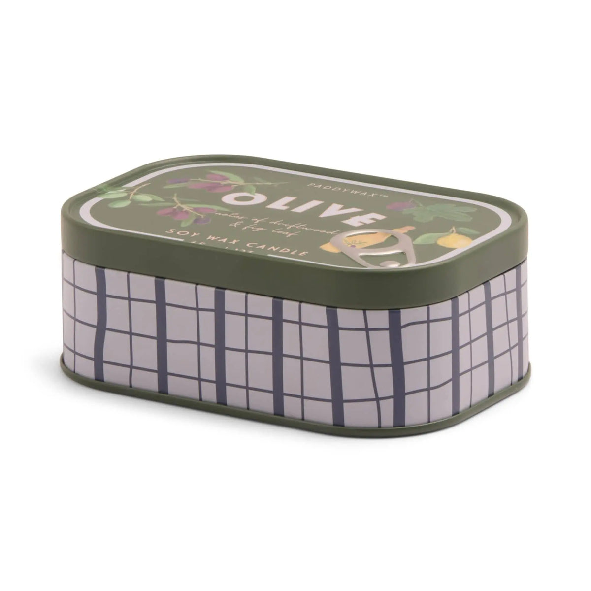 The Fig & Olive - Bistro 4.5 oz Tin Candle comes in a rectangular tin container with a green lid labeled "Olive," featuring illustrated olives and leaves along with a grid pattern on the sides. Part of the Bistro Collection, this stylish tin holds a scented soy wax candle.