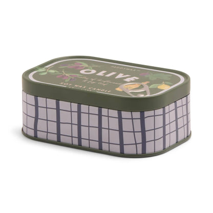 The Fig & Olive - Bistro 4.5 oz Tin Candle comes in a rectangular tin container with a green lid labeled "Olive," featuring illustrated olives and leaves along with a grid pattern on the sides. Part of the Bistro Collection, this stylish tin holds a scented soy wax candle.