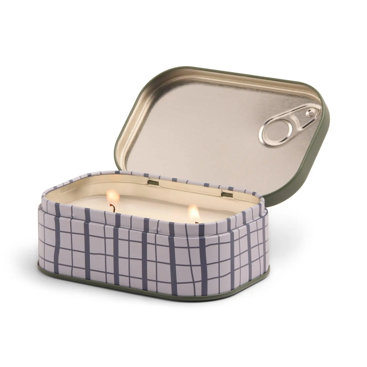 A rectangular tin with a pull-tab lid, open to display the two-wick Fig & Olive - Bistro 4.5 oz Tin Candle inside. Part of the Bistro Collection, this tin showcases a charming white and gray checkered pattern that enhances its stylish appeal.