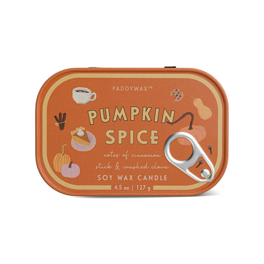 A 4.5 oz orange rectangular tin candle from the Bistro Collection, labeled Pumpkin Spice, features soy wax with cinnamon and clove notes. This two-wick candle includes a lid decorated with autumn-themed illustrations and a pull-tab resembling a sardine can.