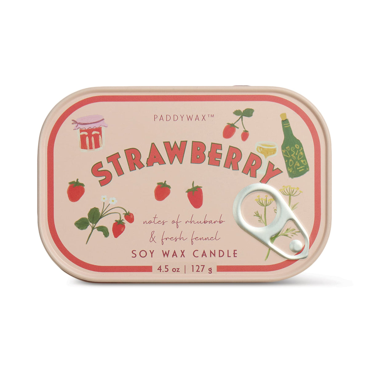 The Strawberry - Bistro 4.5 oz Tin Candle is a pink soy wax candle with illustrated strawberries, bottle, and glasses on the label. Scented with strawberry daiquiri notes of rhubarb and fennel, it features a pull-tab sardine can-style lid.