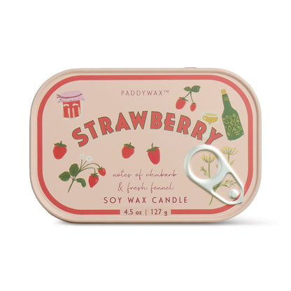 The Strawberry - Bistro 4.5 oz Tin Candle is a pink soy wax candle with illustrated strawberries, bottle, and glasses on the label. Scented with strawberry daiquiri notes of rhubarb and fennel, it features a pull-tab sardine can-style lid.