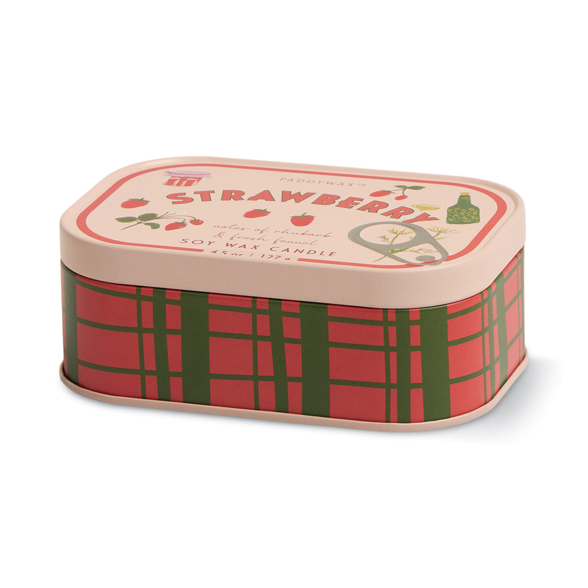 The Strawberry - Bistro 4.5 oz Tin Candle is a rectangular tin with a red and green plaid design, a pink lid featuring strawberry illustrations, and text stating it’s a two-wick soy wax candle.