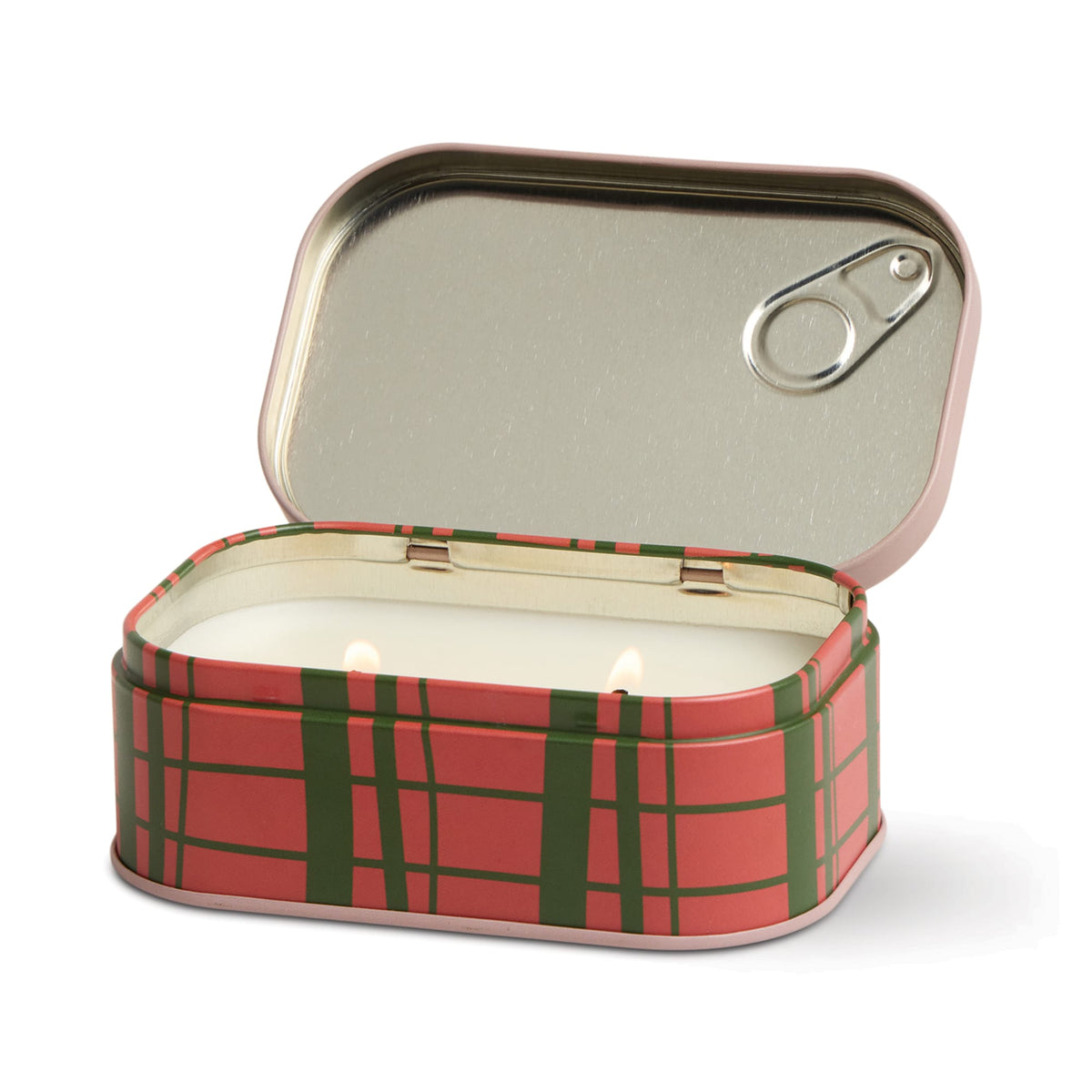 The Strawberry - Bistro 4.5 oz Tin Candle sits open, revealing its white two-wick candle inside a rectangular tin decorated with a red and green plaid pattern, reminiscent of a sardine can.