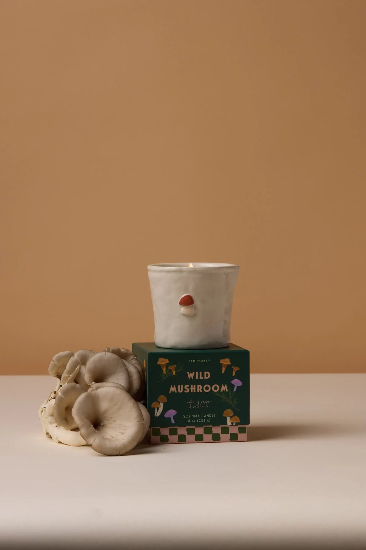 The Wild Mushroom - Bistro 8 oz Candle, a white ceramic candle with a small nose detail, sits on its green box beside oyster mushrooms—a delightful gift for candle lovers.