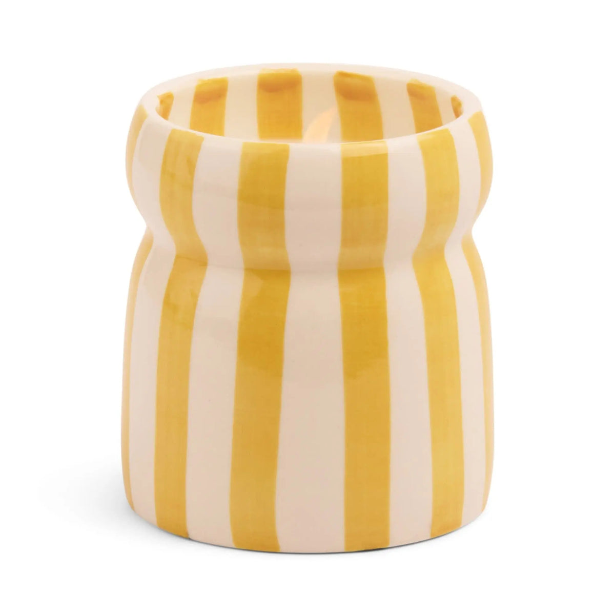 The Gold Coast - Cabana 6.5 oz Candle features a small ceramic vessel with vertical yellow and white stripes, a subtly indented middle, and evokes fresh coastal scents.