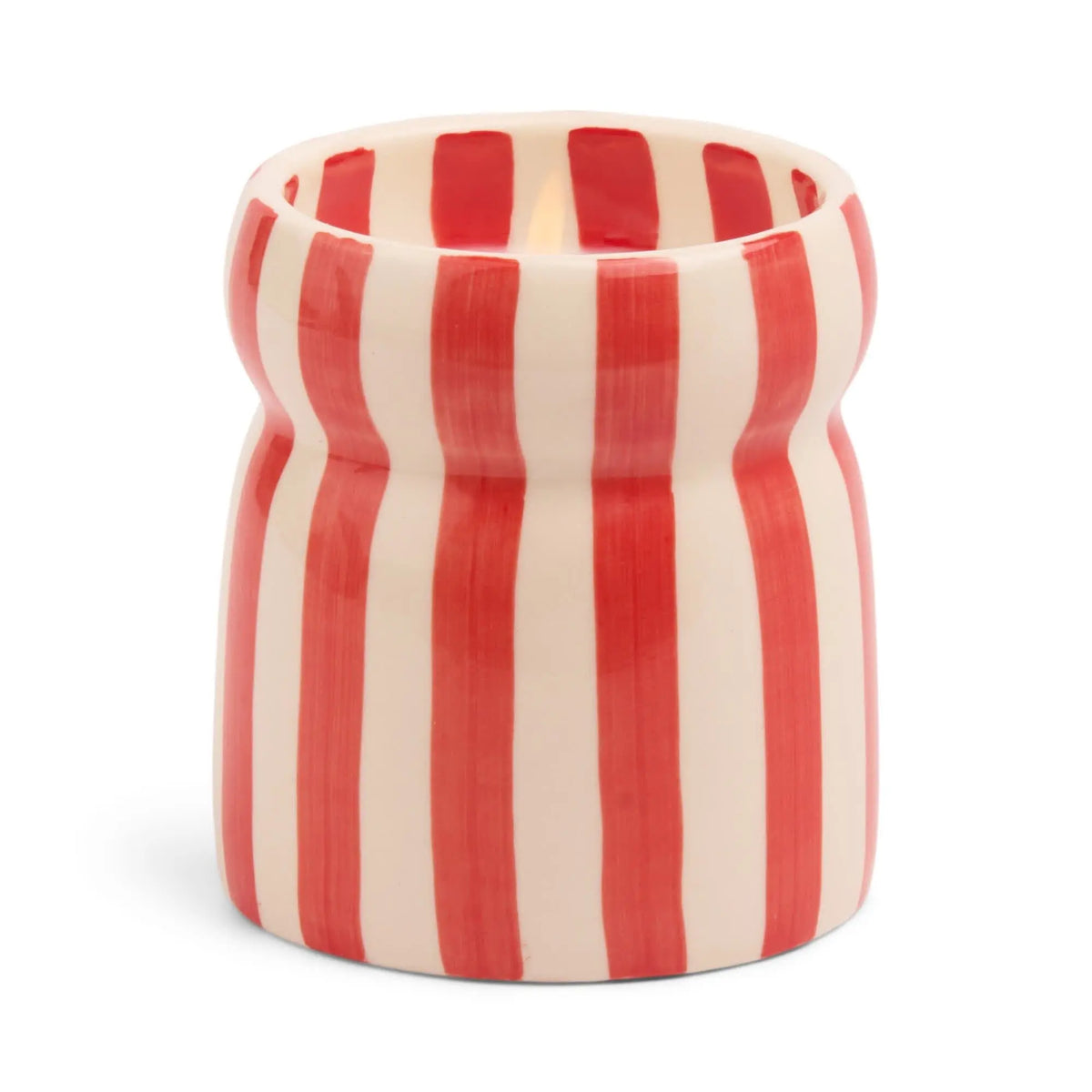 The Hibiscus Bay - Cabana 6.5 oz Candle comes in a ceramic vessel with vertical red and white stripes and a slightly indented middle—perfect for displaying hand painted candles.