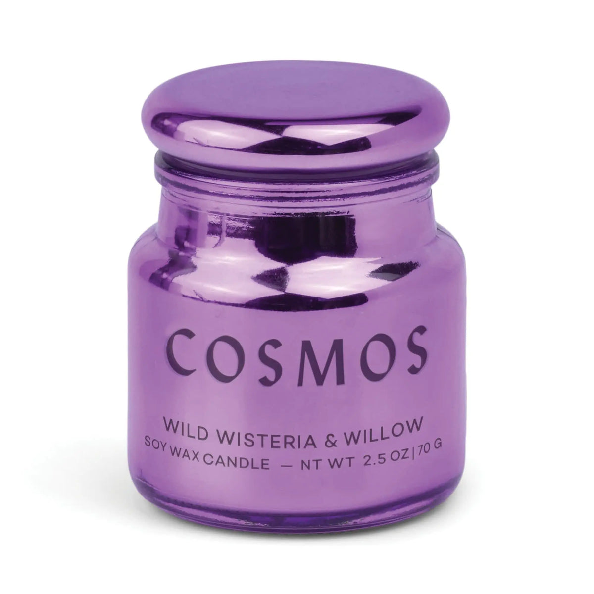 A small, shiny purple electroplated glass jar labeled COSMOS contains the Wisteria & Willow - Chroma 2.5 oz Candle, a soy wax candle from the Chroma collection, with a net weight of 2.5 oz (70g).