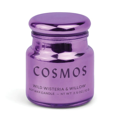 A small, shiny purple electroplated glass jar labeled COSMOS contains the Wisteria & Willow - Chroma 2.5 oz Candle, a soy wax candle from the Chroma collection, with a net weight of 2.5 oz (70g).