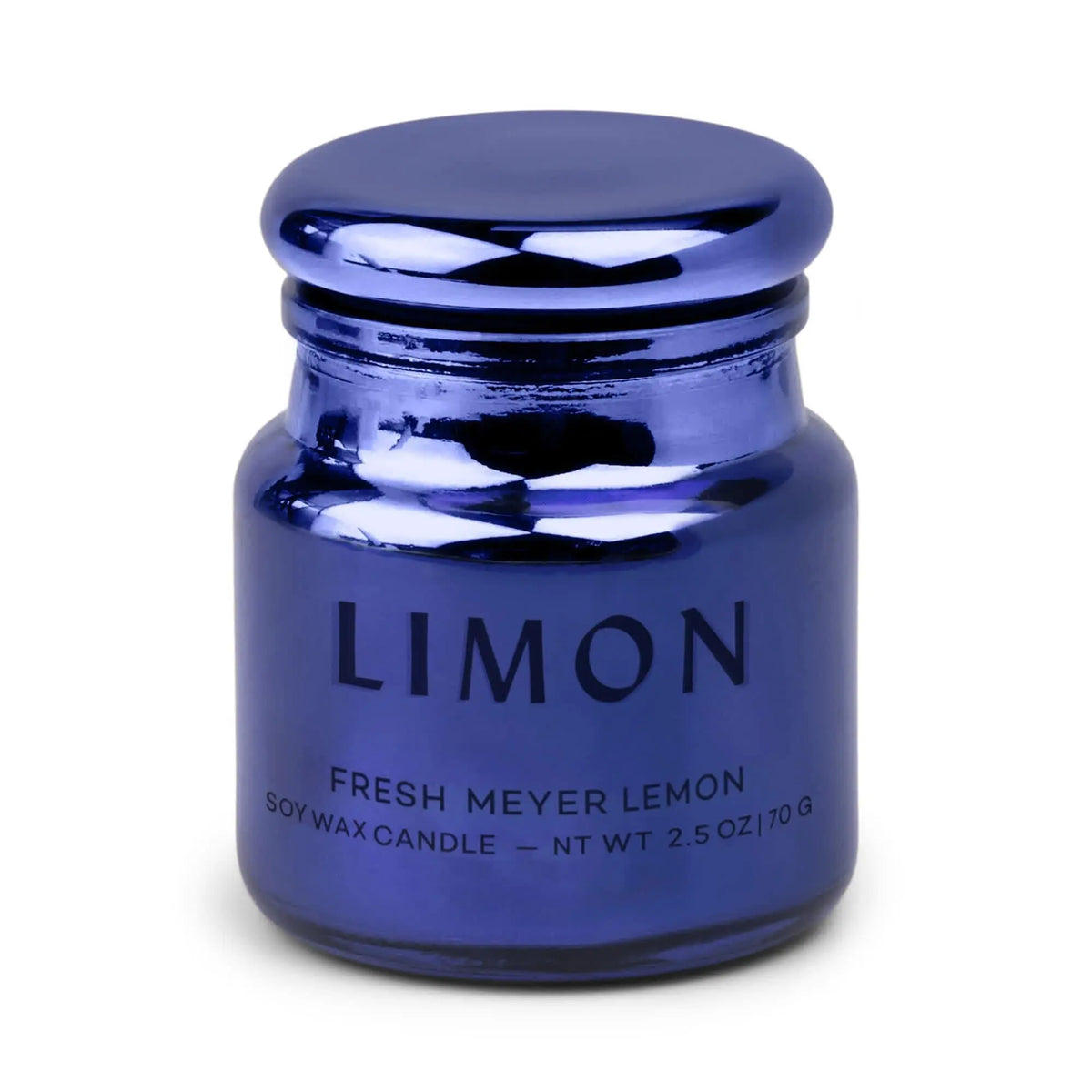 A reflective blue jar labeled "Meyer Lemon - Chroma 2.5 oz Candle" contains a soy wax candle with a Fresh Meyer Lemon scent. Part of the Chroma collection, this electroplated glass candle features a rounded lid and holds 2.5 oz (70g), filling your space with a crisp, Latin-inspired fragrance.