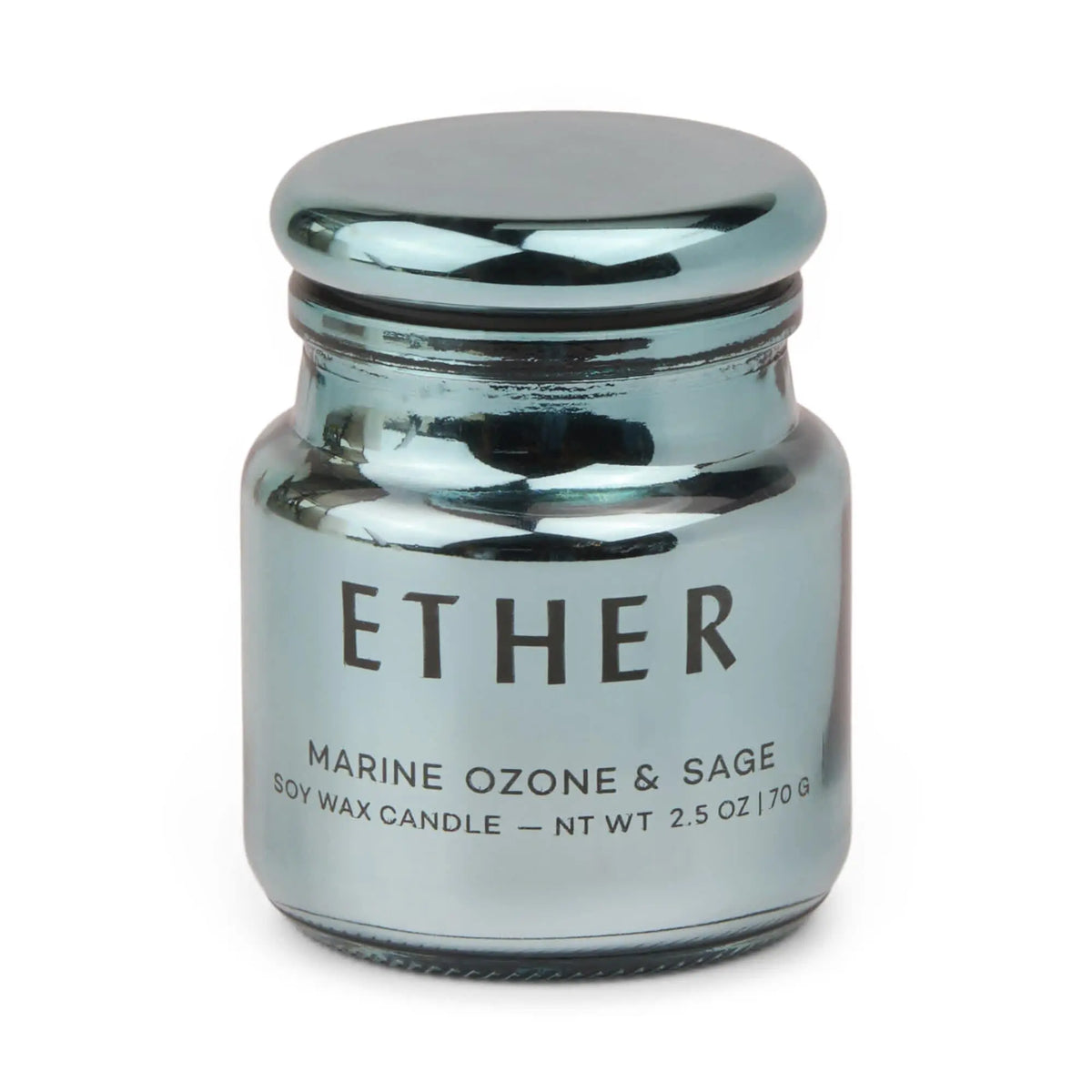 A metallic blue jar candle from the Chroma Collection, labeled Sea Salt & Sage - Chroma 2.5 oz Candle, features electroplated glass with a reflective finish and a rounded lid.