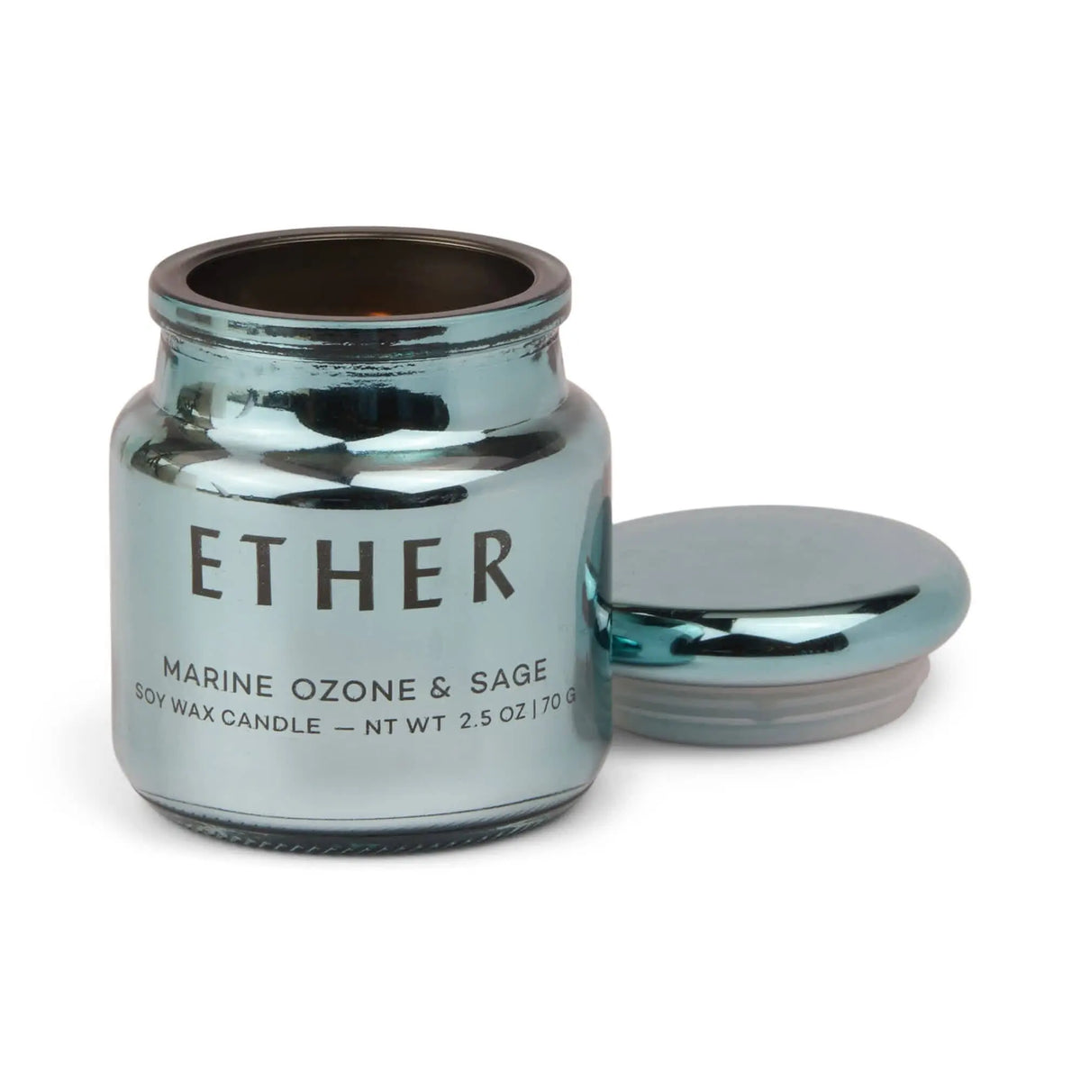 A metallic blue electroplated glass candle jar labeled Sea Salt & Sage - Chroma 2.5 oz Candle, from the Chroma collection, sits with its matching lid placed next to it on a white background.