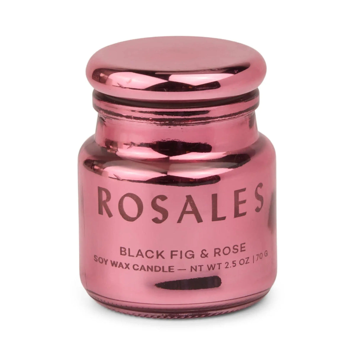 A shiny pink electroplated glass candle jar labeled Saffron Rose with a rounded lid. Part of the Chroma collection candles, the jar contains a soy wax candle and weighs 2.5 oz (70g), capturing a refined, Latin-inspired fragrance.