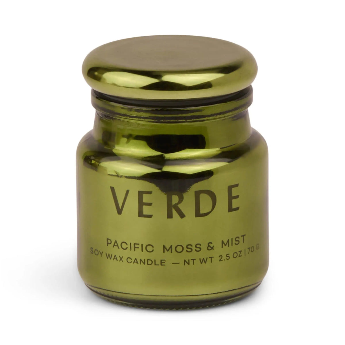 A metallic green, electroplated glass jar labeled Pacific Moss & Mist - Chroma 2.5 oz Candle. The jar features a rounded lid and a simple, modern design, reflecting the sophisticated style of Chroma candles and their Latin-inspired fragrance collection.
