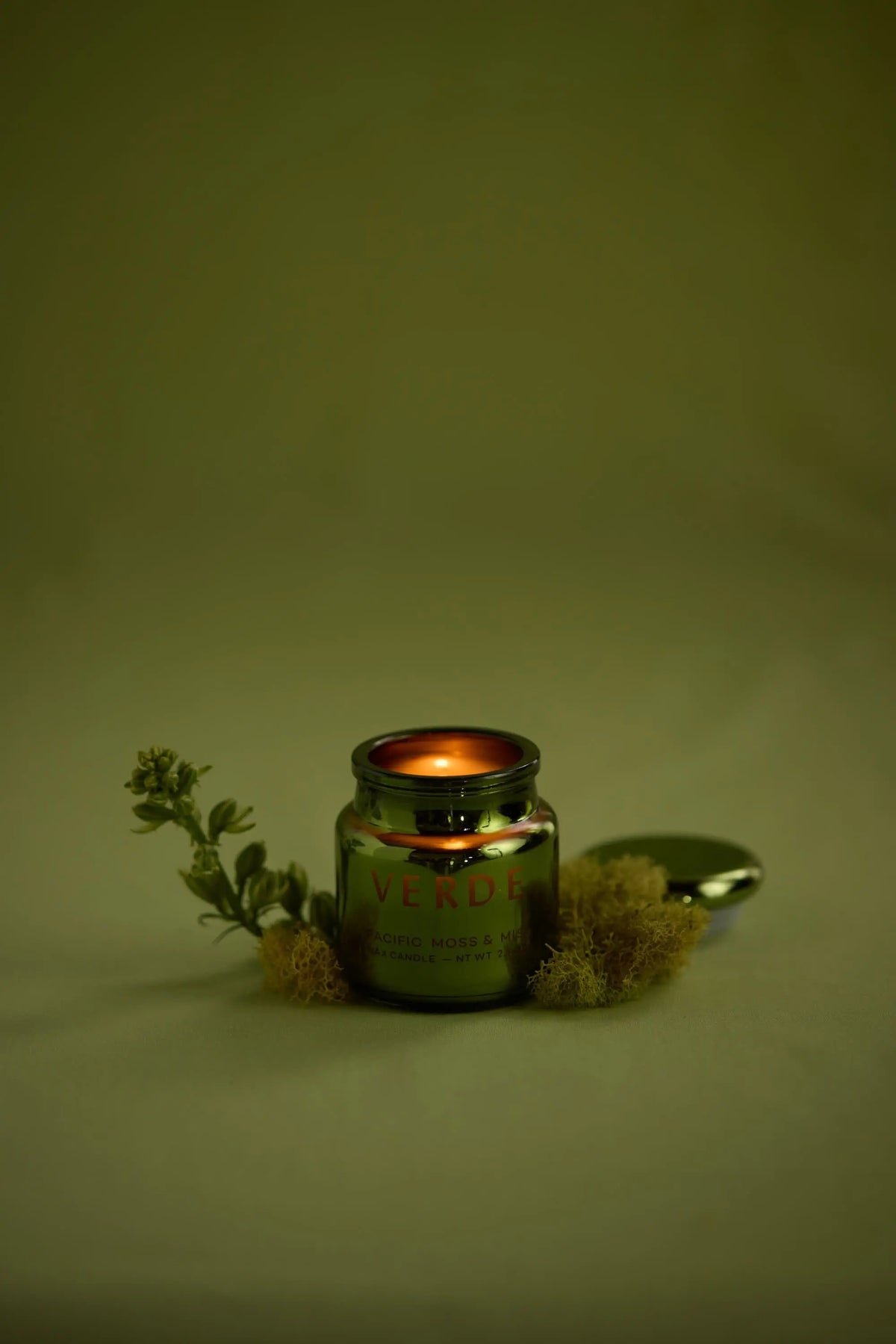 A small Pacific Moss & Mist - Chroma 2.5 oz Candle glows in an electroplated glass jar labeled VERDE, nestled among moss and greenery, with its lid set aside on a soft beige background. This Chroma candle exudes a Latin-inspired fragrance, capturing the lush vibrancy of nature.