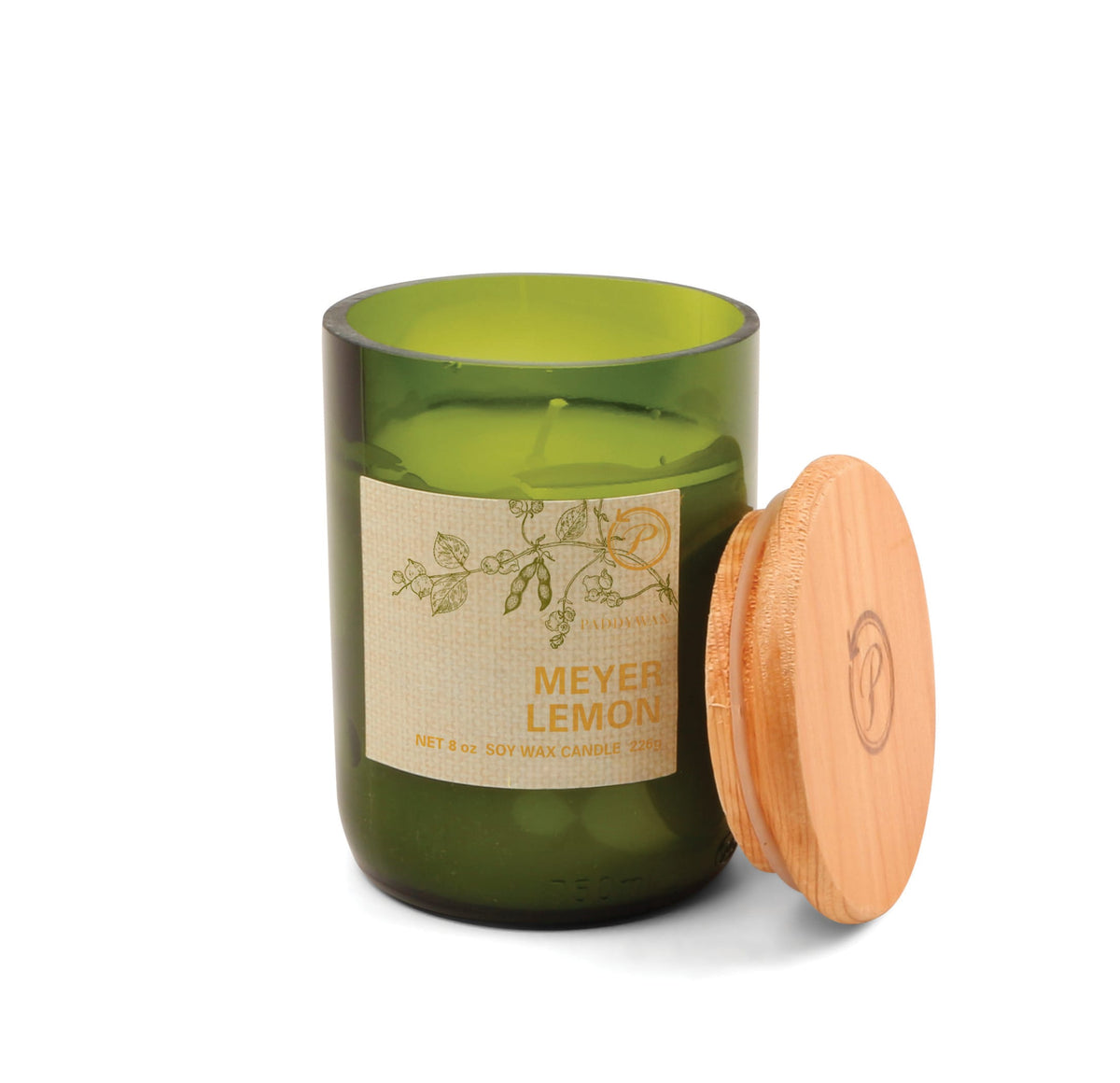 The Meyer Lemon - Eco 8 oz Candle features a green glass jar with a beige botanical design and wooden lid. Unused, its smooth surface enhances the fresh, sustainable look of this eco-friendly candle.