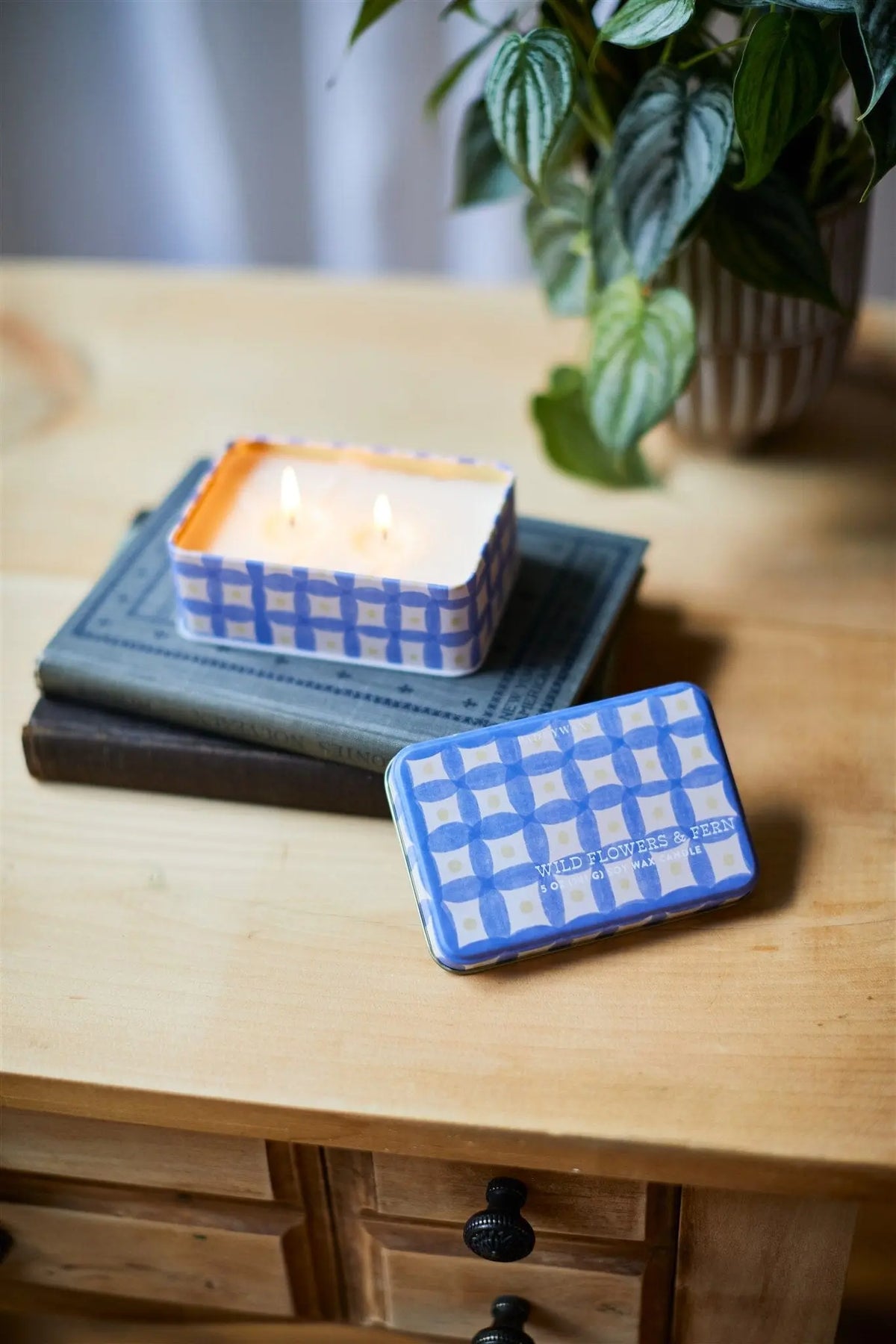 The Wild Flowers & Fern - 5 oz Tin Candle, a blue and white checkered tin with two wicks, is placed on stacked books beside a green potted plant on a wooden table. Its lid rests nearby.