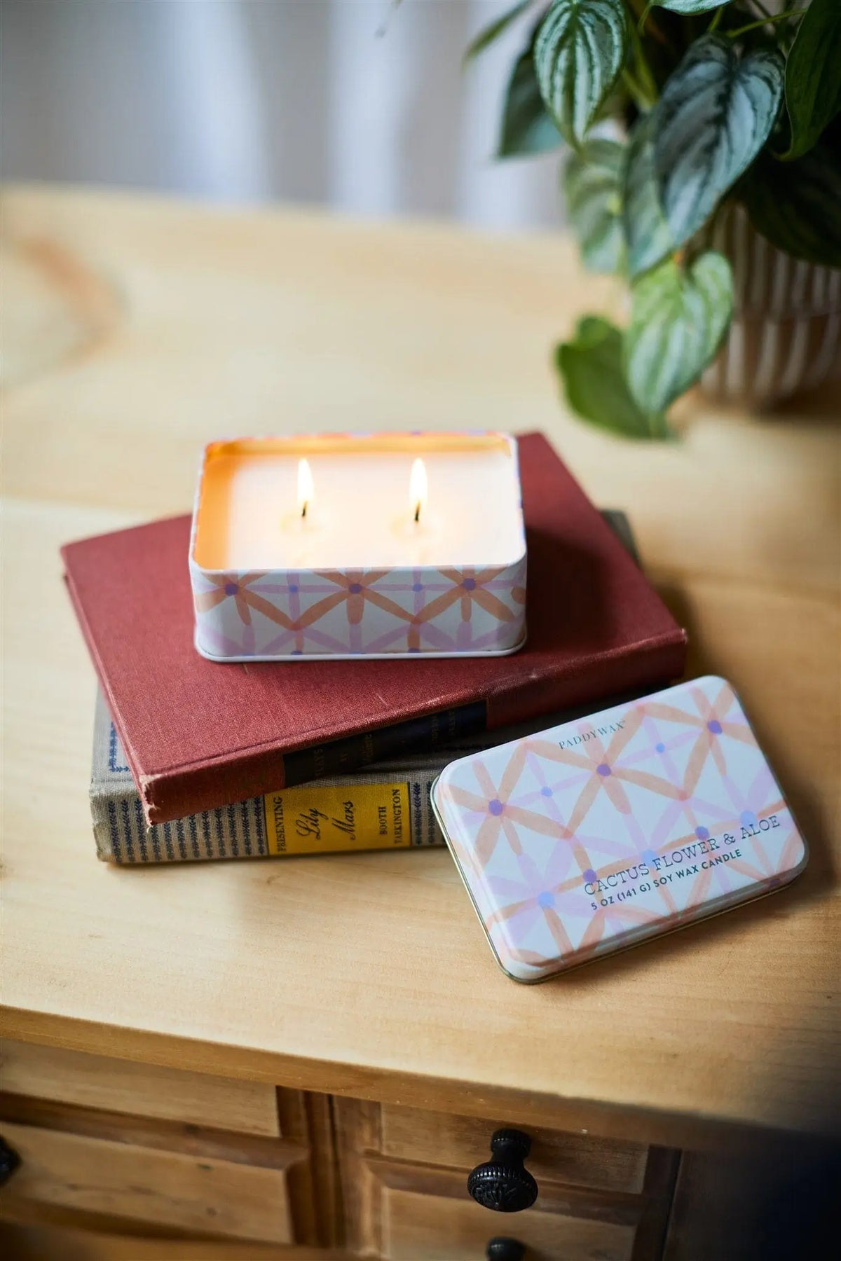 A Cactus Flower & Aloe - 5 oz Tin Candle sits atop a stack of books, its soft glow and fresh floral scent creating a cozy reading atmosphere.