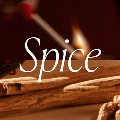 The word Spice is overlaid on an image of cinnamon sticks, with a lit match and a flame visible in the background.
